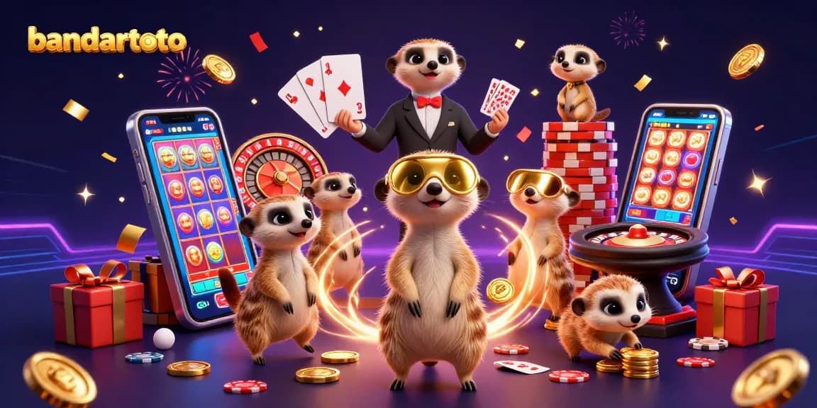 Experience the excitement of bandartoto with meerkats running a vibrant casino in this lively 3D illustration.