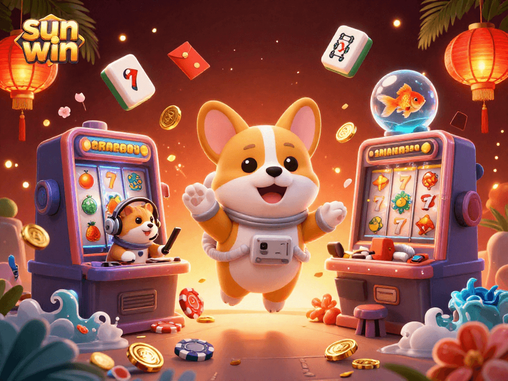 Experience gaming excitement with sun win in a vibrant casino scene featuring floating characters and dynamic elements.