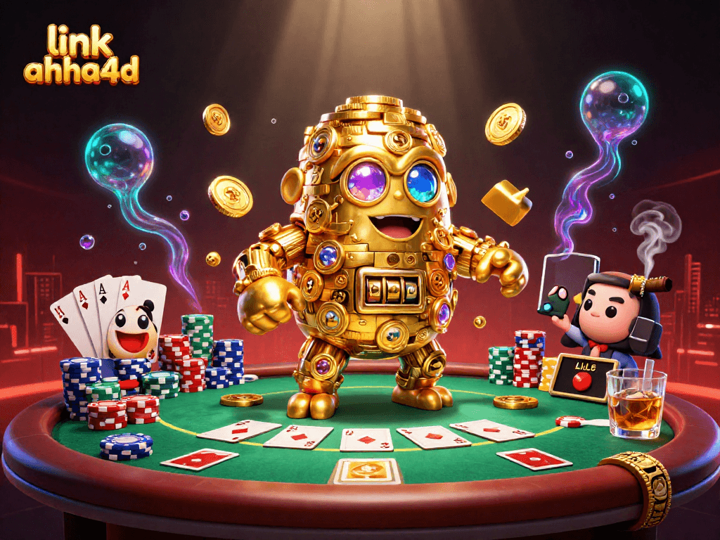 Engage with link ahha4d in a lively 3D casino scene filled with poker elements and golden golem characters.