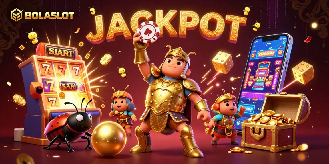 Win big with BOLASLOT as shown in this vibrant 3D illustration featuring a hercules beetle in golden armor and jackpot elements.