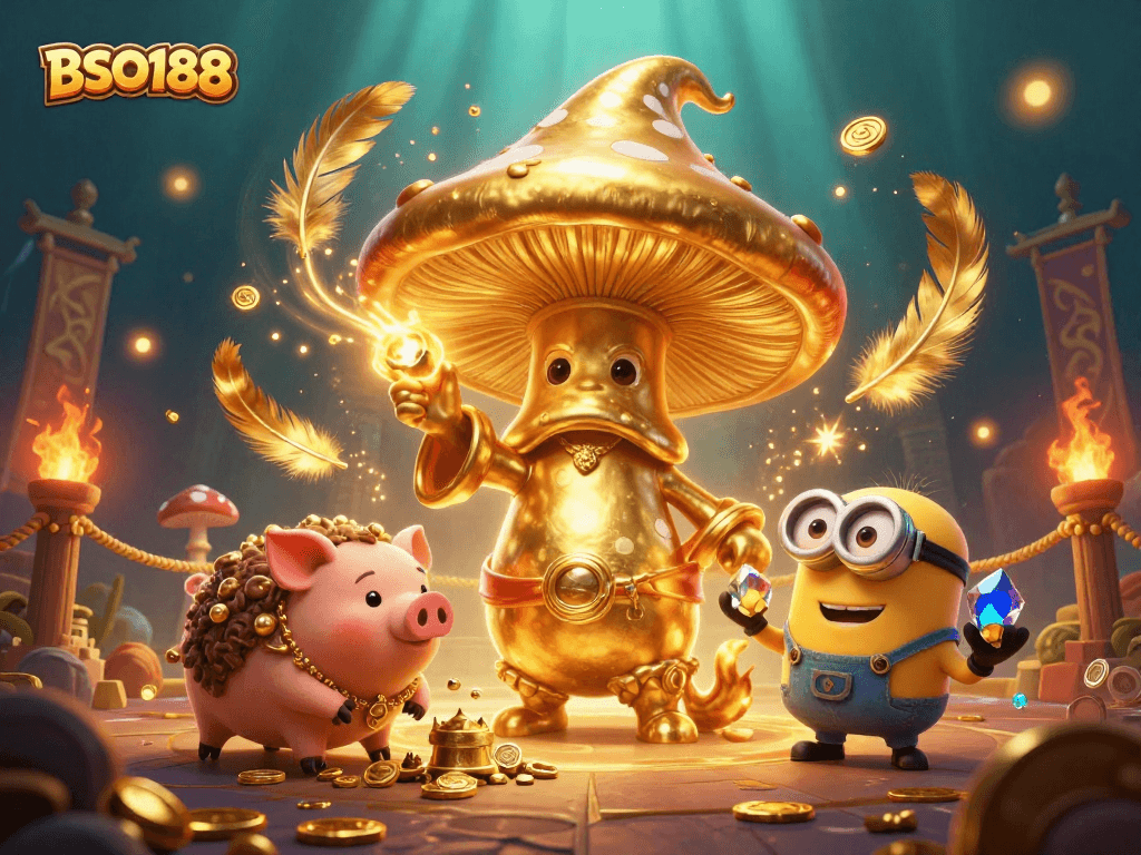 Engage with the vibrant BSO188 scene featuring a magical golden mushroom wizard and treasure elements.