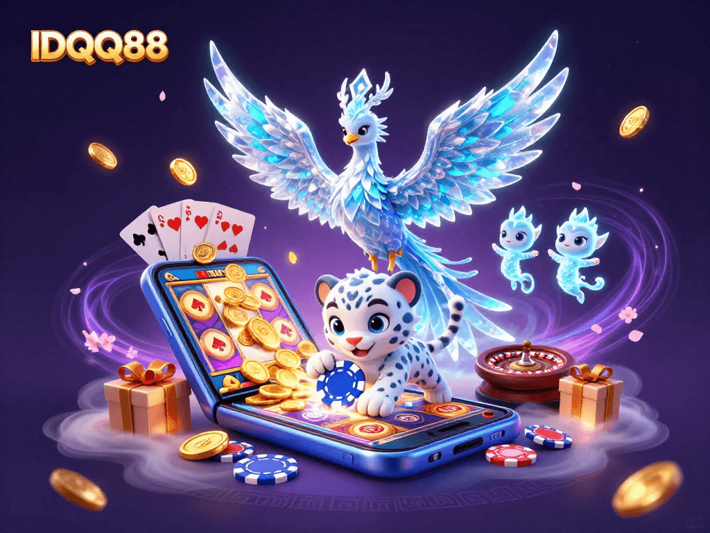 Experience thrilling gaming excitement with IDQQ88 featuring vibrant slot games and dynamic characters in a captivating scene.