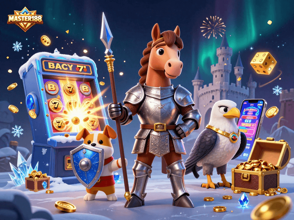 Experience the excitement at MASTER188 with a vibrant 3D casino scene showcasing epic winnings and action.
