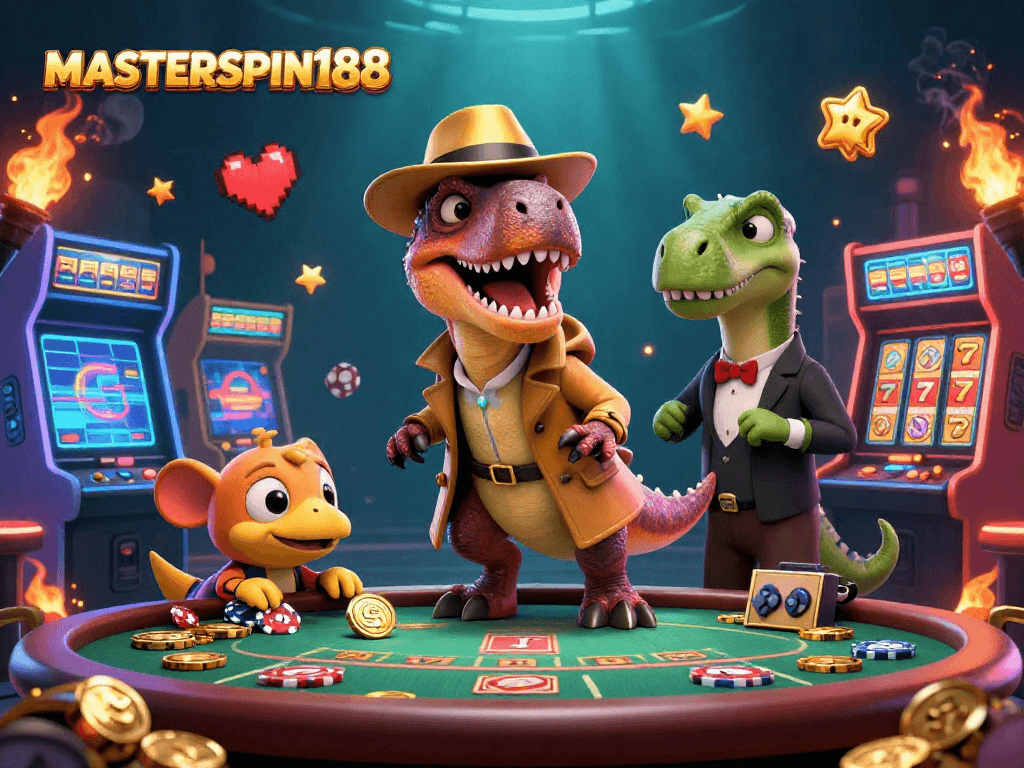 Masterspin188 features a velociraptor at a blackjack table amidst vibrant gaming elements.