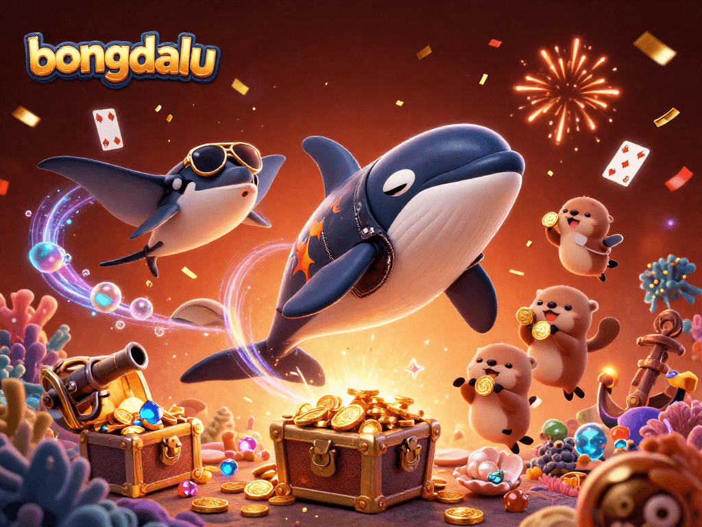 Bongdalu showcases an exhilarating underwater casino scene with playful characters and vibrant treasures, capturing the thrill of gambling.
